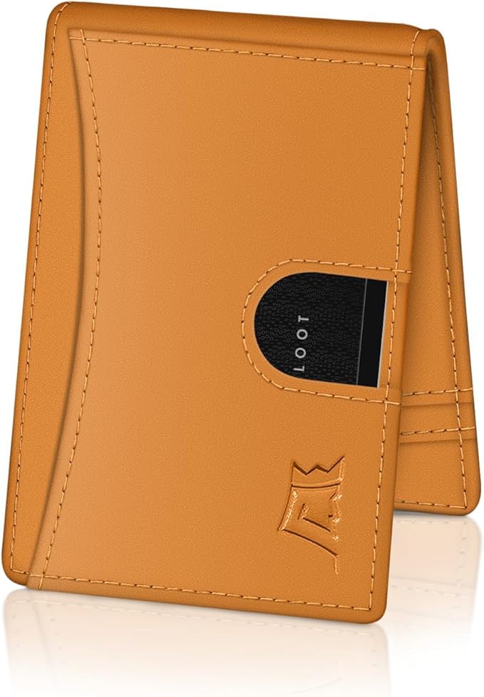 Kings Loot Money Clip Slim Minimalist Wallet for Men – RFID Blocking Leather Design with Money Clip – Front Pocket Bifold Holds 12 Cards – Stylish & Compact Wallets (Cognac/Engraved)