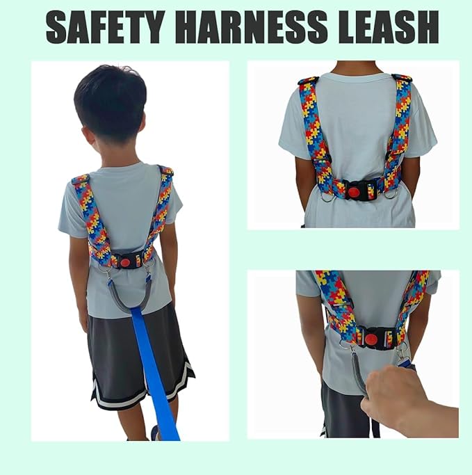 Safety Harness Leash for Special Needs Child Aged 3-10 Years,Walking Harness for Older Children with Grip Handle,Adjustable Tether with Autism Awareness Color Matching Straps for Special Needs
