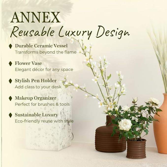 Scented Luxury Candles in Handmade Ceramic Jars, Soy Wax | Vanilla - Tobacco - Amber, Large Candle | Non Toxic, 2 Wicks, Reusable Big Brown Jar | Natural Spring Aromatherapy Gift for Women & Men