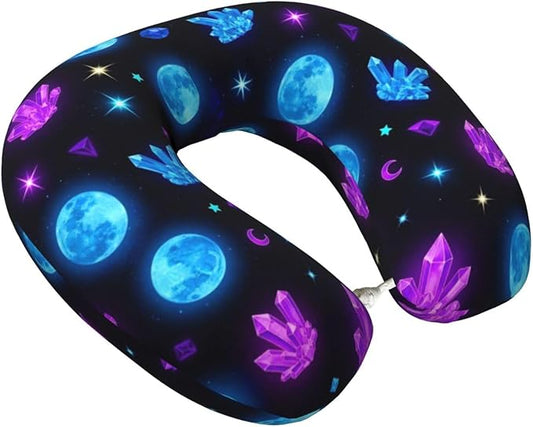 Support Neck Pillow for Youth Travel, Washable Airplane Chin Supporting and Relax U Shaped Pillows Trippy Purple Goth Moon Crystals Black Sky