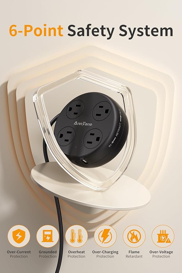 European Travel Plug Adapter - Retractable Power Strip with 4 AC Outlets & 3 USB Ports (USB-C), Type C Adapter for US to Most of Europe Iceland Spain Italy France Germany and More (Black)