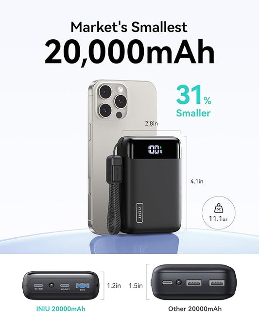 INIU Portable Charger, Smallest 22.5W 20000mAh USB C in & Out Power Bank Fast Charging, PD 3.0+QC 4.0 LED Display Phone Battery Pack Compatible with iPhone 17 16 15 14 Pro Samsung S24 Google iPad etc