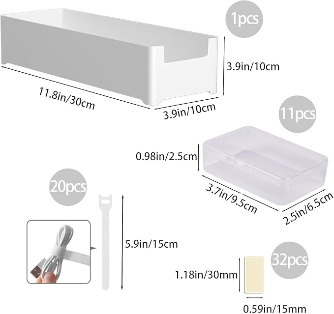 11 in 1 Charger Cable Organizer Box with Lid and 20 Cable Ties & 32 Labels Included | Multi-Function Storage for Office Desk Drawer | Cord, Charger, Card Organizer Case