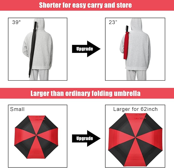 G4Free 62inch Portable Golf Umbrella Automatic Open Large Oversize Vented Double Canopy Windproof Waterproof Sport Umbrellas(Red/Black)