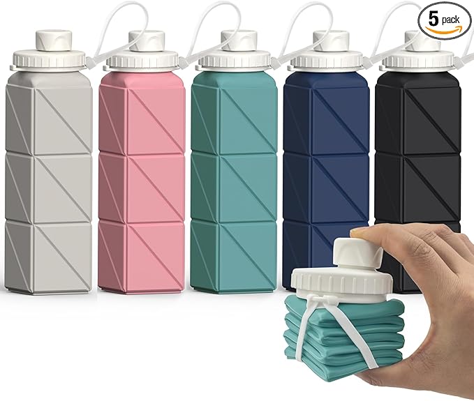 Collapsible Water Bottles 20.6oz, Silicone Foldable Portable Travel Water Bottle, BPA-Free, Leakproof Reusable for Traveling Hiking Sports, 5 Pack (Starlight+Pink+Blue+Dark Blue+Black)