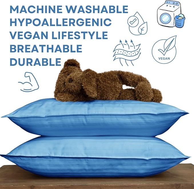 kinder Fluff Children Pillow (2-Pack) 13x18in– The Only 300TC Soft Cotton Pillow with Down Alternative Fill – Hypoallergenic, Machine Washable & Perfect for Kids 2+ Years- Blue- S