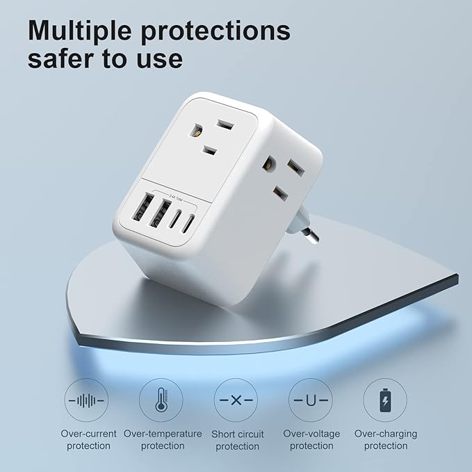 International Travel Adapter, Europe Travel Adapter with USB, Universal Travel Adapter (3 USB A & 1 Type-C) for The US to Most of Europe Iceland Spain Italy France Germany (Type E/F)