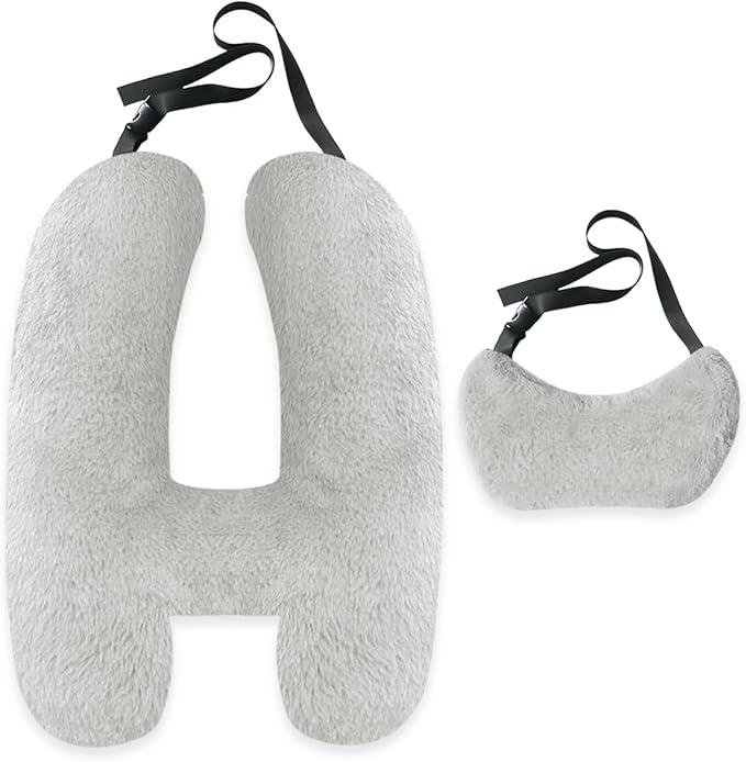 Soft Plush Car Pillow Travel Pillow for Kids with Neck Support Headrest, H-Shape Car Pillows for Kids Sleeping on Long Road Trips, Adults Child Car Seat Pillow, Body Support Travel Accessories, Grey