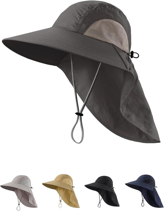 LLmoway Wide Brim Sun Hat with Neck Flap for Men Women Summer Outdoor UV Protection Breathable Fishing Hats with Strap