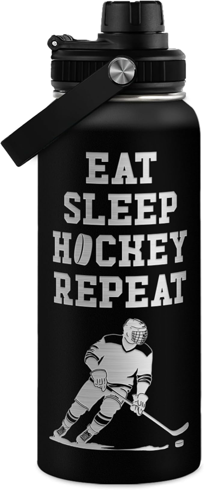 Ice Hockey Insulated Engraved Stainless Steel Water Bottle 32oz, Vacuum Chug Lid Travel Tumbler For Men Friends Hockey Lovers Fans Coaches, Gift for Birthday Christmas