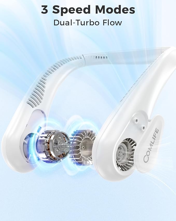 Portable Bladeless Neck Fan, 5000mAh Rechargeable Battery, 3 Speeds, Workout Essential, 360°Airflow, Twistable, Personal Wearable Neck Fan for Sports Outdoor Indoor, Gifts for Man Woman Family
