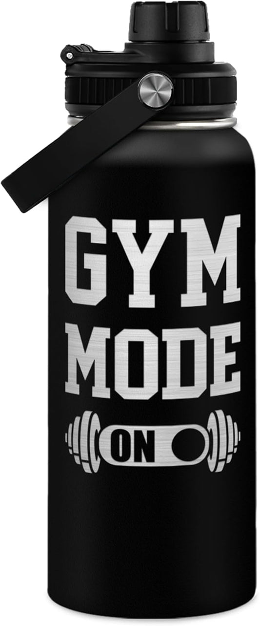 Gym Insulated Engraved Stainless Steel Water Bottle 32oz, Vacuum Chug Lid Travel Tumbler For Men Friends Dad Gymer Trainer, Gym Mode on, Gift for Birthday Christmas Father's Day