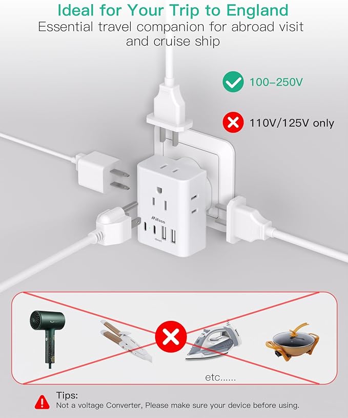 2 Pack US to UK Ireland Travel Plug Adapter, Type G Plug Adapter with 4 Outlets 4 USB Ports (2 USB C), UK Power Adapter for USA to London England Scotland British Kenya Qatar Hongkong