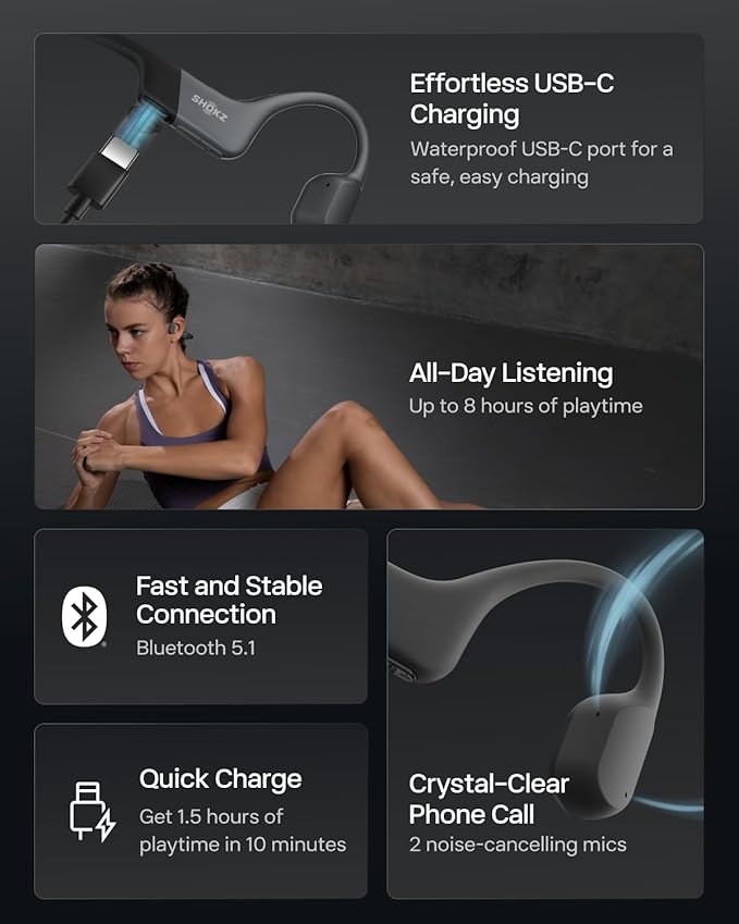 SHOKZ OpenRun Mini with USB-C Charging-Bone Conduction Headphones, Open-Ear Bluetooth Wireless Sport Headphones for Running & Workout, Sweat Resistant, Long 8H Playtime, Mic, with Hair Band - Black