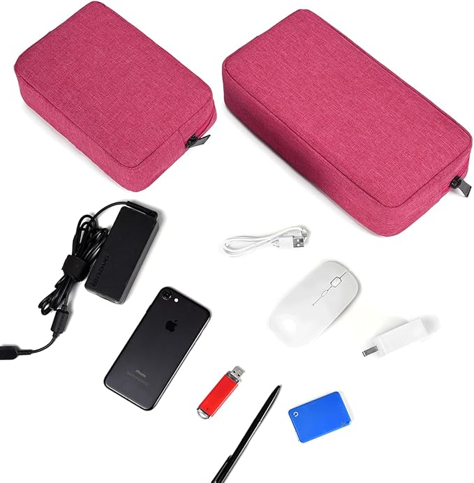 Universal Electronics/Accessories Soft Carrying Case Bag, Electronic Organizer Travel USB Cable Accessories Bag/Case for Out-Going, Business, Travel and Cosmetics Kit (Small+Big - Rose Red)