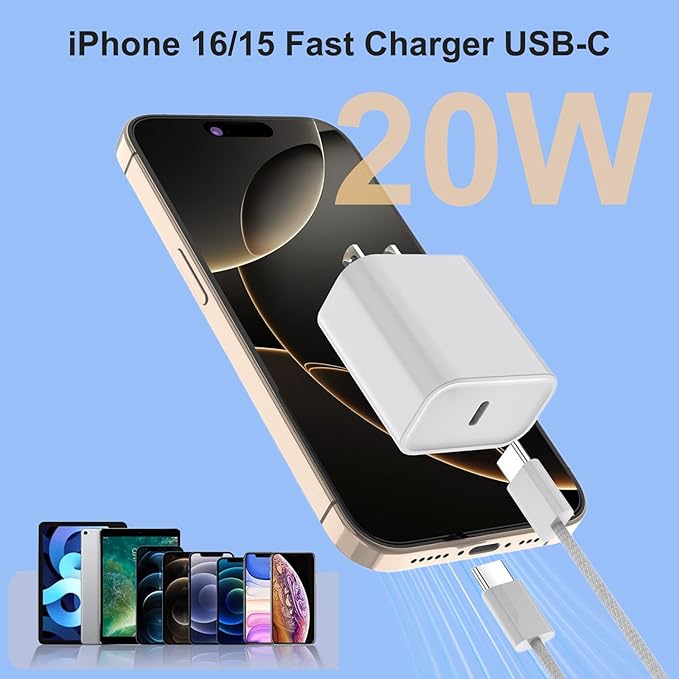 iPhone 16 15 Charger Fast Charging, 20W Apple iPhone 16 USB C Fast Charger Block, 2Pack 6ft USB C to USBC Cord for iPhone16/16 Pro/16 Pro Max/16e/15/15 Plus/15 Pro/15 Pro Max,iPad Pro/Air/Mini,AirPods