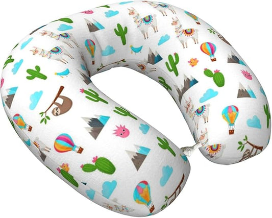 Travel Neck Pillows for Sleeping Rest Car Airplanes Sloth Llamas Cactus Pattern White, Memory Foam with Removable Breathable Zipper Cover Washable for Men Women