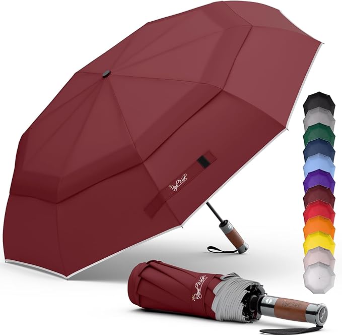 Royal Walk Windproof Folding Travel Umbrella Compact and Strong Luxurious Real Wood Handle Automatic Open Close Vented Double Canopy for Men and Women