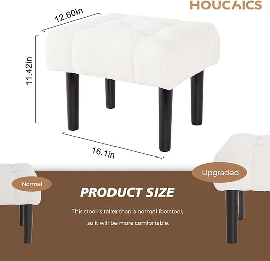 HOUCHICS Fur Padded Foot Stool, Small Ottoman with Wooden Legs, Modern Rectangle Chair Foot Rest for Living Room, Couch, Desk (White)