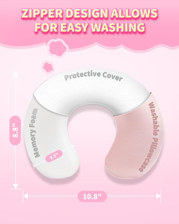 Memory Foam Kids Travel Pillow, Kids Neck Pillows for Travel Car, Cute Airplane Pillow, Washable (Pink Pig, 3-5 Y/O)