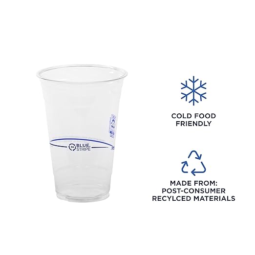 ECO PRODUCTS BlueStripe Recycled 20oz Plastic Cups, Case of 1000, Made from 30% Post-Consumer Recycled Plastic Bottles, Recycled PET (rPET) For Cold Drinks & Snacks, Clear For Visibility