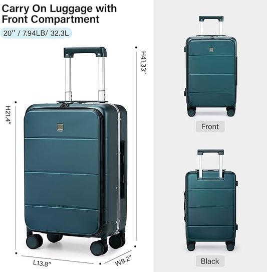 MILADA Carry On Luggage 22x14x9 Airline Approved Spinner Wheels TSA Luggage 20 Inch Hard Shell Suitcases Front Opening Pocket Rolling Aluminum Frame Travel Luggage, Blackish Green