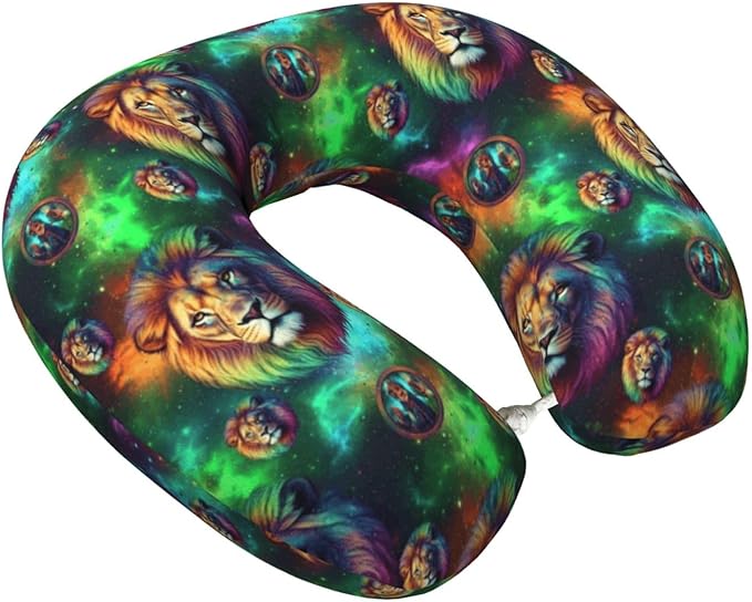 Neck Pillows for Travel Green Galaxy Lion, Women and Men Airplane Car Pillow, Neck Support U Shaped Pillow for Rest Pain Relief Sleeping