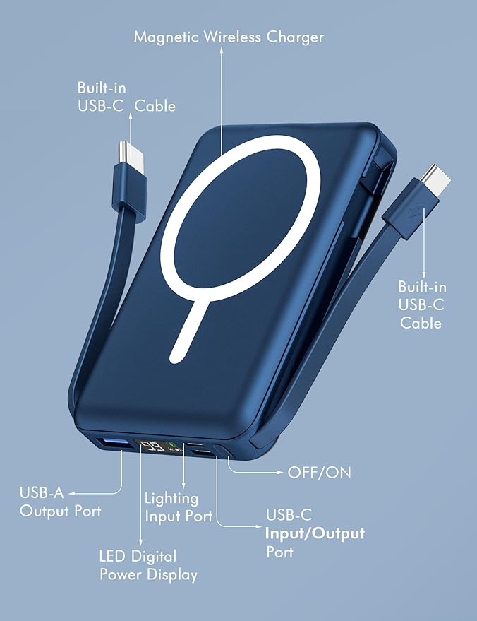 podoru for Magsafe Battery Pack, 10000mAh Magnetic Power Bank Built-in Double USB C Cables 22.5W PD Fast Charging LED Display Wireless Portable Charger for iPhone 17/16/15/14/13/12 Series-Navy Blue