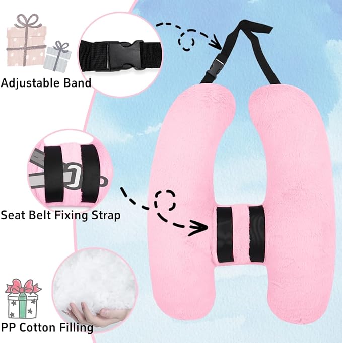 Soft Plush Car Pillow Travel Pillow for Kids with Neck Support Headrest, H-Shape Car Pillows for Kids Sleeping on Long Road Trips, Adults Child Car Seat Pillow, Body Support Travel Accessories, Pink