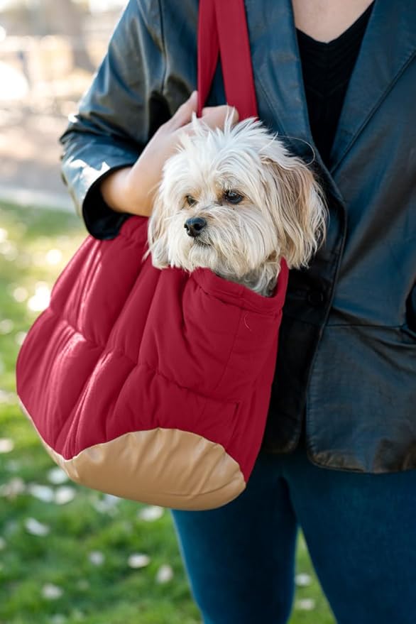 NoblePup Plush Dog Purse Carrier for Small Dogs, Soft Dog Tote Bag with Safety Harness Clip, Cozy Pet Carrier for Dogs Under 15 lbs, Comfortable Dog Shoulder Carrier for Travel, Red
