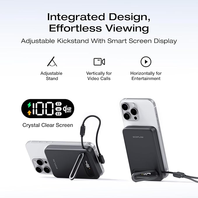 EF ECOFLOW Rapid Mag Power Bank 10,000mAh, Qi2.2 25W Wireless Charging, 0.6'' Slim Magnetic Portable Charger, Built-in USB-C Cable, Qi2 Certified Magsafe-Compatible Battery for iPhone 17/16/15, Black