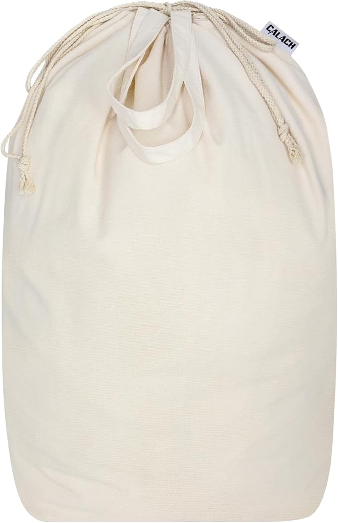 Canvas Laundry Bags with Handles & Square Base 13.8"x 13.8", Large Heavy Duty Laundry Hamper Bag, College Dorm Washable Drawstring Cotton Dirty Clothes Sack (Beige,1 Pack)