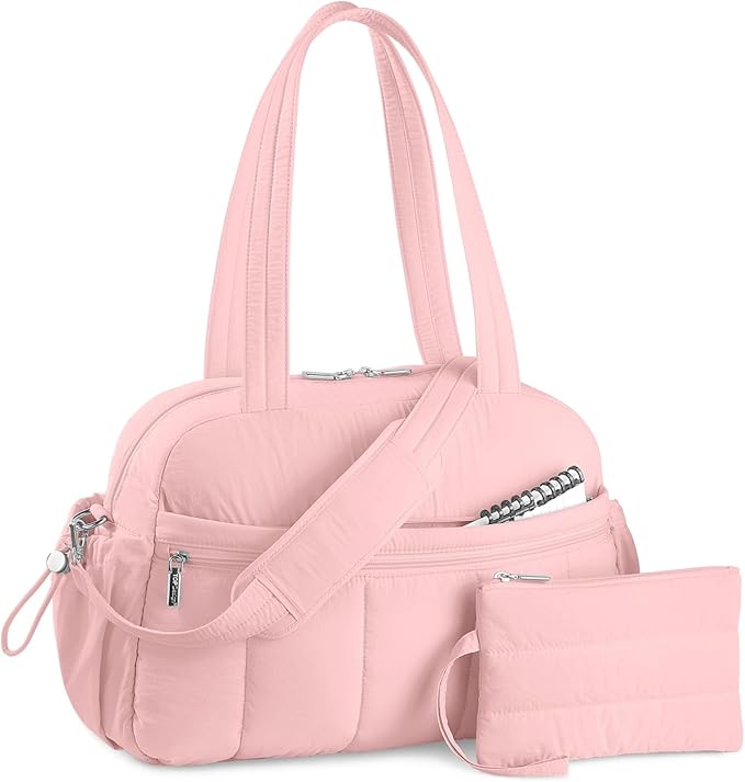 TOPDesign Travel Duffel Bag for Women, Puffer Gym Bag Sports Tote with Wet Pocket, Carry On Weekender with Luggage Sleeve (Baby Pink)