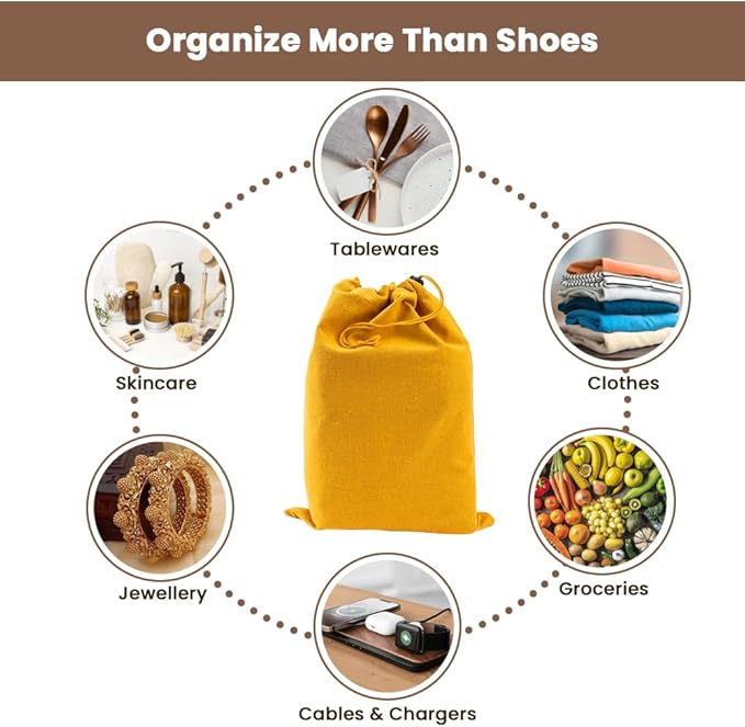 LFH Cotton Rich Shoe Storage Bags with Drawstring, Dustproof Breathable Reusable Organizer, Perfect For Travel, Dorm, Hotel, College, Gym, Easy to Carry, Machine Washable 8"x17" (Pack of 6) - Golden