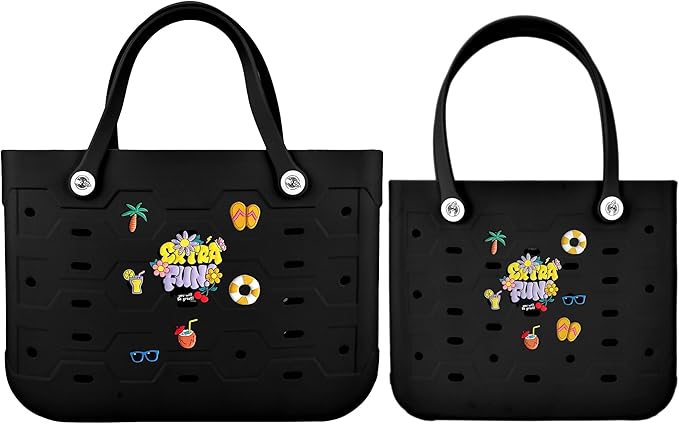 2-Piece Tote Bag Set, Waterproof Rubber Beach Bag with Summer Pattern, Medium & Large Handbag for Pool, Beach, Boat