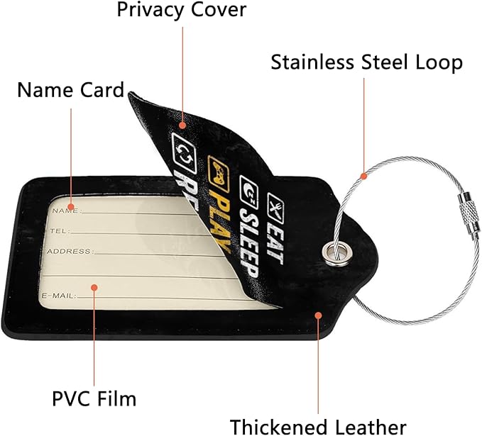 2 Pack Luggage Tags for Suitcase, Privacy Cover ID Label with Stainless Steel and Address Card for Travel Bag Backpack Cruise Ship Essentials Tag Men Boys - Eat Sleep Play Repeat