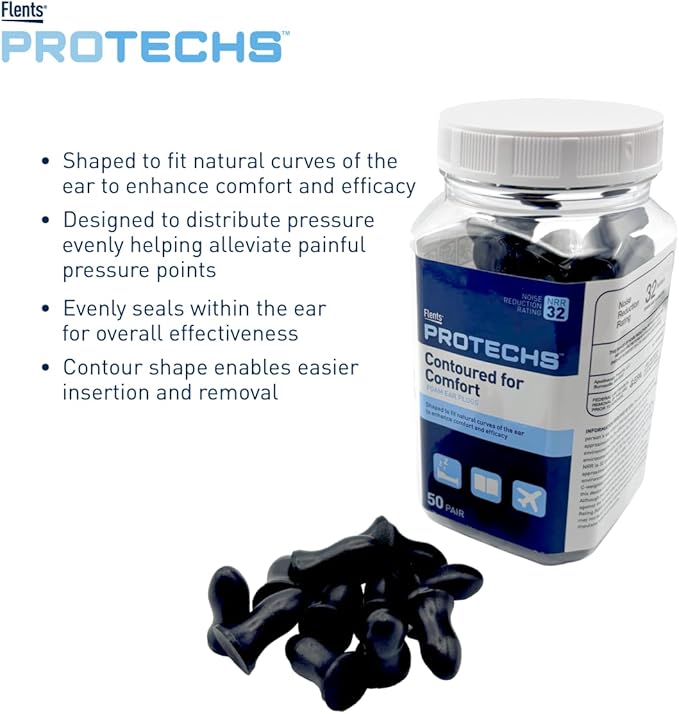 Flents Protechs Contoured for Comfort Foam Ear Plugs, Soft & Comfortable Hearing Protection for Work, Construction, Heavy Machinery, Studying, Travel & Sleep, NRR 32, Easy to Use, Black, 50 Pairs