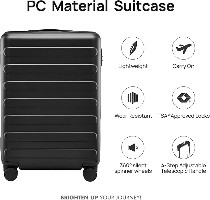NINETYGO Carry On Luggage 22x14x9 Airline Approved, 20 Inch Luggage with Smooth Spinner Wheels, Lightweight, Hard Shell PC Suitcase Carry-On, Travel Luggage, TSA Approved (Black, Rhine Basic)