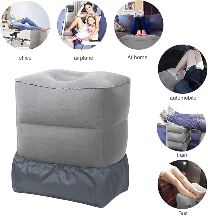 ZIQIAN Inflatable Travel Foot Rest Pillow Portable Adjustable Three Layers Height Foot Stool for Airplanes, Cars, Home, Trains, Office to Lay Down or Sleep on Long Flights with Pump (Gray 2PACK)