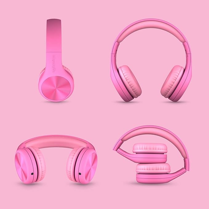 LilGadgets Connect+ Pro Wired Kids Headphones for School with Microphone, Volume Limiting Over-Ear Headset with Cord, SharePort Technology & SoftTouch Padding, Pink