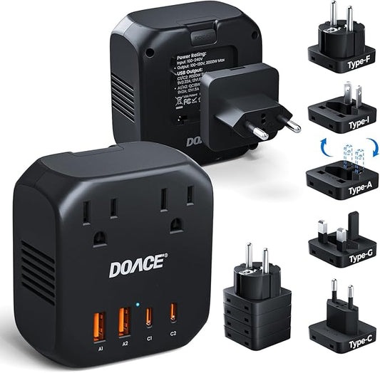 DOACE 220V to 110V Voltage Converter US to Europe - 2000W Converter for European Travel, Power Converter Adapter Combo with 2 PD/QC & UK/AU/US/IT/European Travel Plug Adapters for Hair Dryer Phone