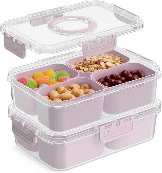 Snackle Box Container, Upgrade Dishwasher,Safe Snack Box for Adult Kids, 4 compartments Plastic Divided Serving Tray with Lid and Handle for Candy, Fruits, Snacks, Nuts,Small,Pink,2 Pack