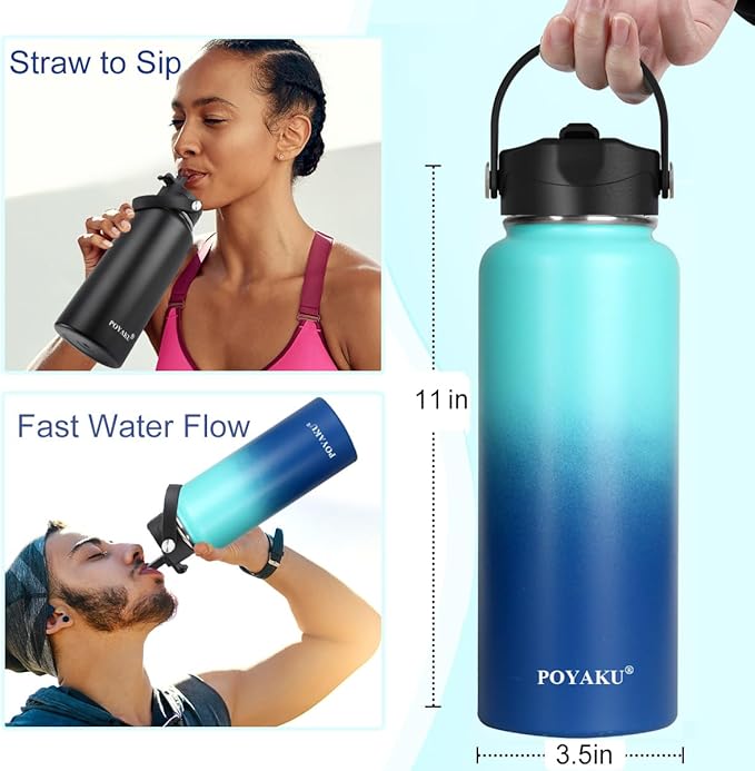 Water Bottle Insulated 32oz 40oz 64oz 128oz Straw Lid Spout Lid & 3 Lids, Leak Proof, Vacuum Insulated,Stainless Steel Water Bottle Wide Mouth for Sports, Gym or Office