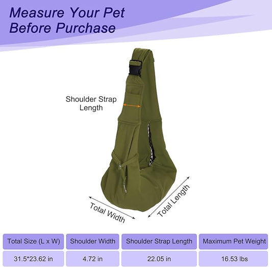 PETAXCELL Dog and Cat Sling Carrier Up to 16.5 Lbs, Hand-Free Reversible Pet Sling Carrier with Adjustable Strap and Pocket, (Army Green, 1 Pcs) Intended for Hiking/Camping/Traveling