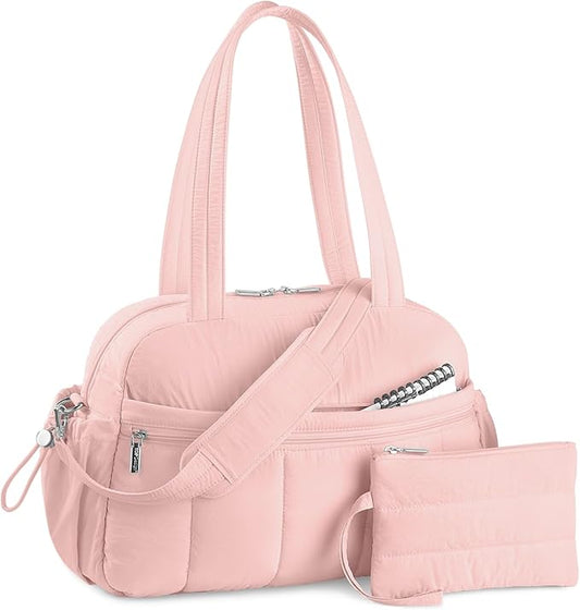 TOPDesign Travel Duffel Bag for Women, Puffer Gym Bag Sports Tote with Wet Pocket, Carry On Weekender with Luggage Sleeve (Pink)