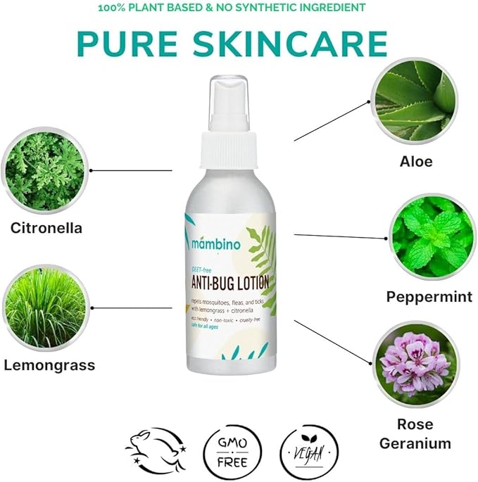 Mambino Organics Anti-Bug Lotion, DEET-Free, Organic Bug Repellent with Essential Oils, Nourishing Travel-Size Lotion for Babies, Kids, Adults, Safe for Camping, Outdoors & Sensitive Skin, 4oz