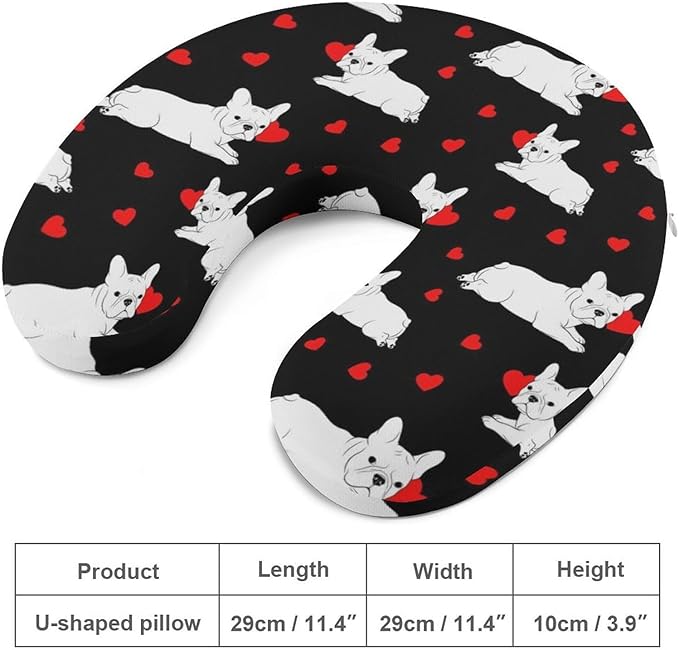 Breathable Memory Foam Travel Pillow U Shaped Chin Head Support Love Heart Funny French Bulldog Puppy Dog, Removable Washable Cover for Airplane Car Office Pain Relief