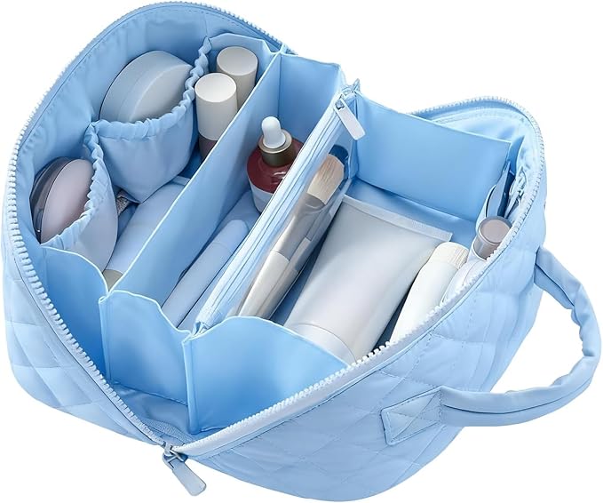 Amposei Makeup Bag Travel Toiletry Bag,Travel Makeup Bag for Women, Puffer Waterproof Cosmetic Organizer, Large Capacity Pouch Open Flat Small Toiletry Bag with Brush Compartment & Handle (Blue)
