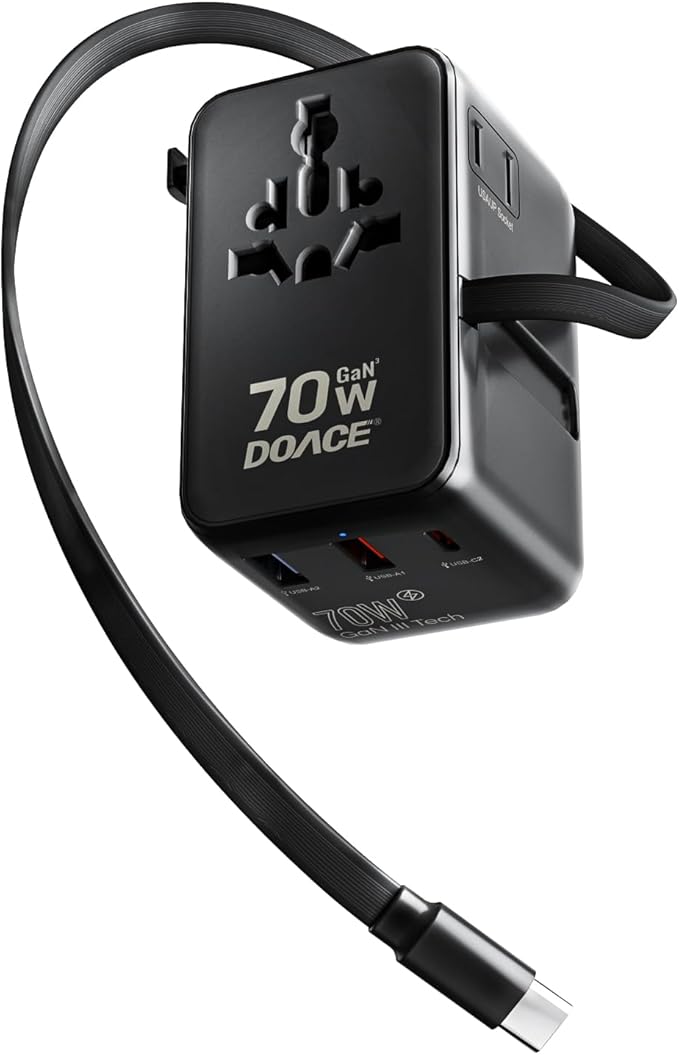 DOACE 70W Travel Adapter GaN 3.0, European Travel Plug Adapter with Built-in USB-C Cable, 6 in 1 International Power Adapter USB-C PD Fast Charging for EU/UK/USA/AUS