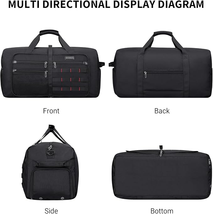 WITZMAN Foldable Duffle Bag for Travel 65L Lightweight Packable Duffel Bag with Shoes Compartment Overnight Bag for Men Women (B697 Black)